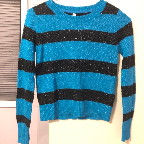 Cool Aeropostale Blue black Stripe Sparkle knit Sweater Long sleeves shimmer top - Picture 12 of 13